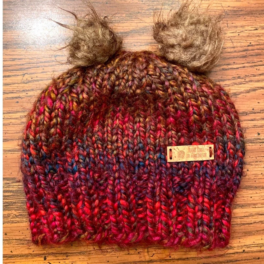 Handmade Knit Double Pom Beanie Kids One Size Multi-Color Excellent Winter‎ Hat